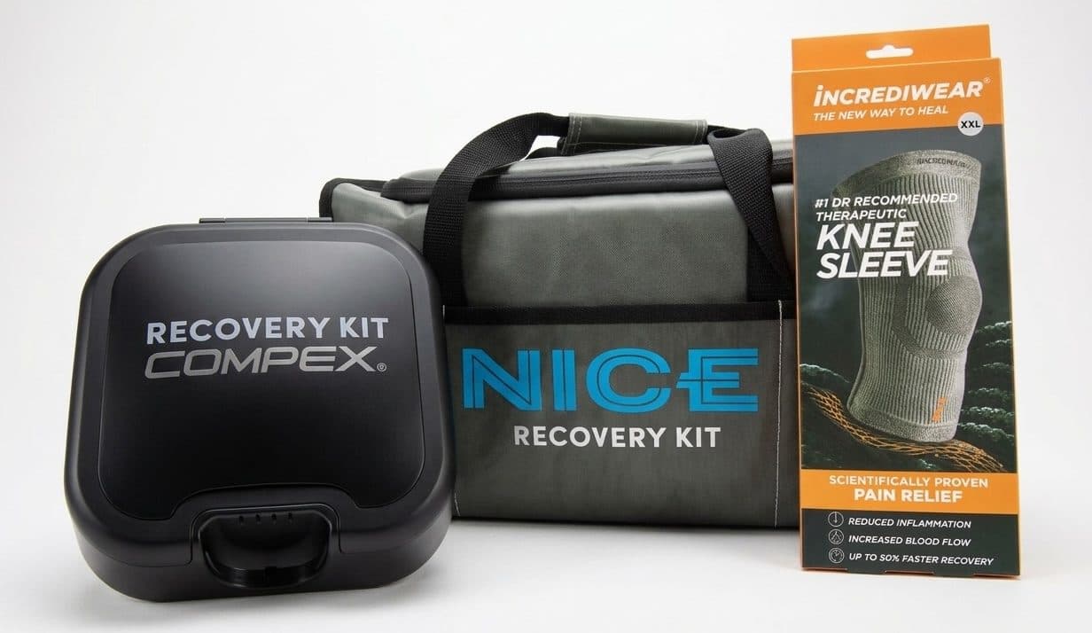 Recovery Kit equipment together — a Compex SP 8.0 case, a NICE1 carry bag and an Incrediwear knee sleeve