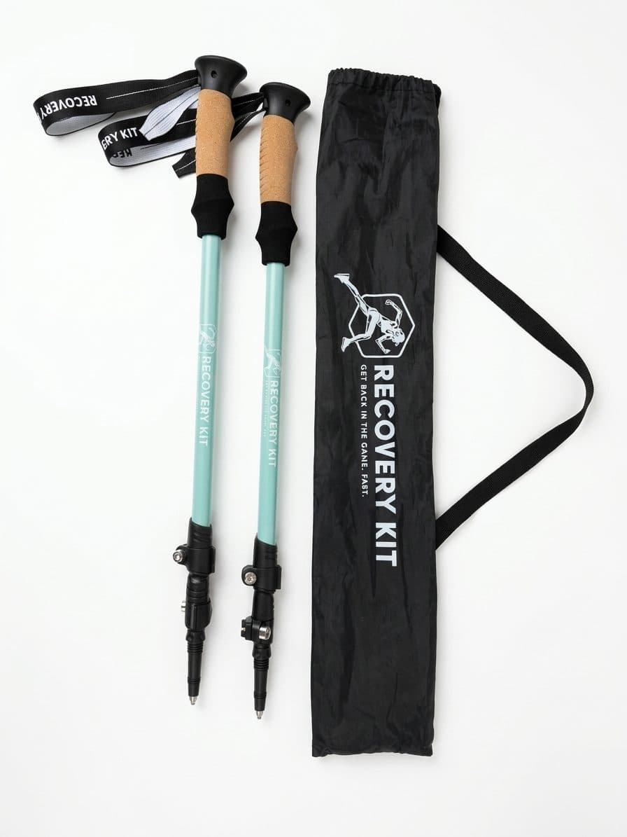 Recovery Walking Poles, a pair beside their black Recovery Kit carry case